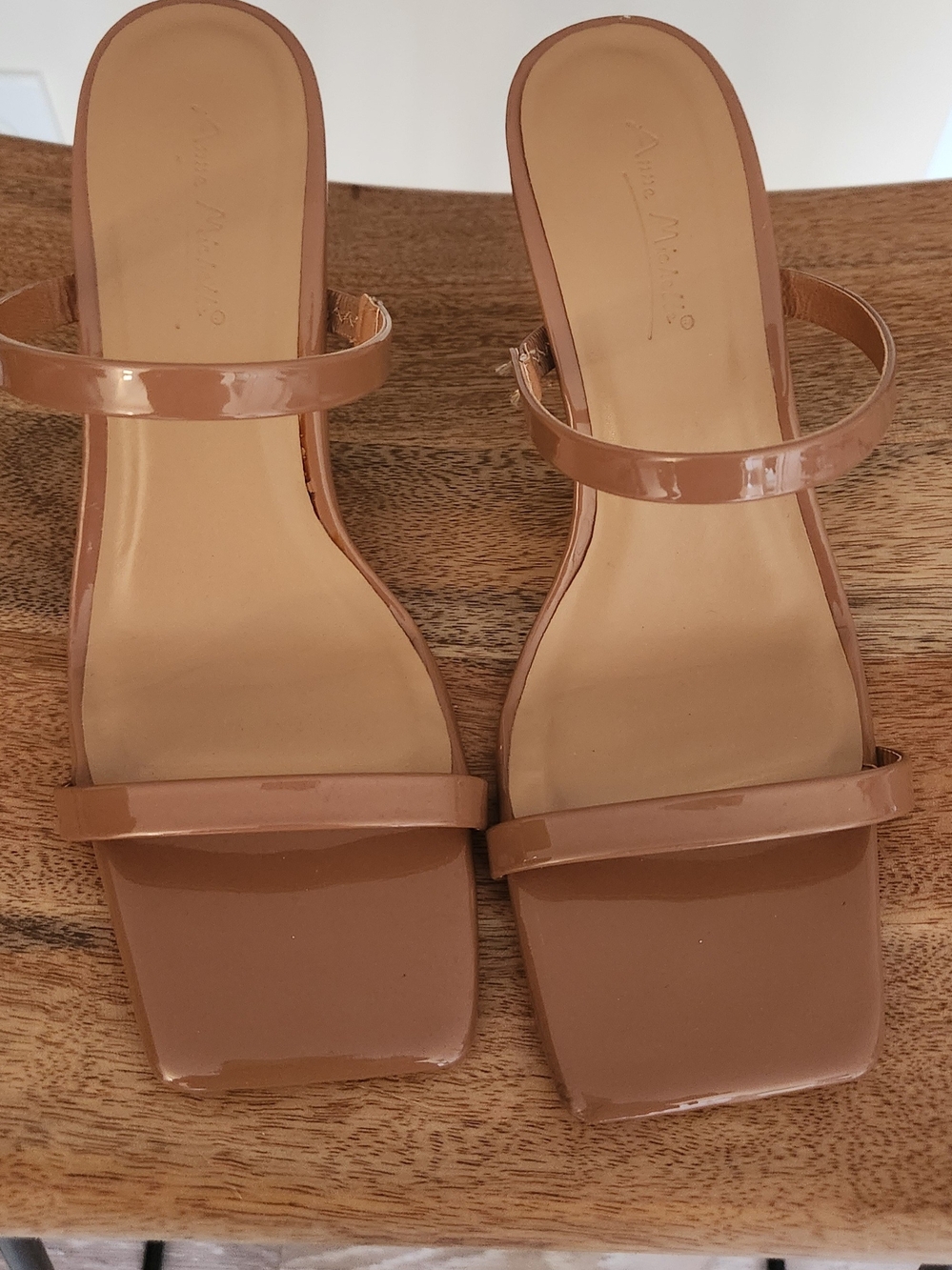 Anne Michelle Patent Nude-Brown Square Toe Strappy Heels